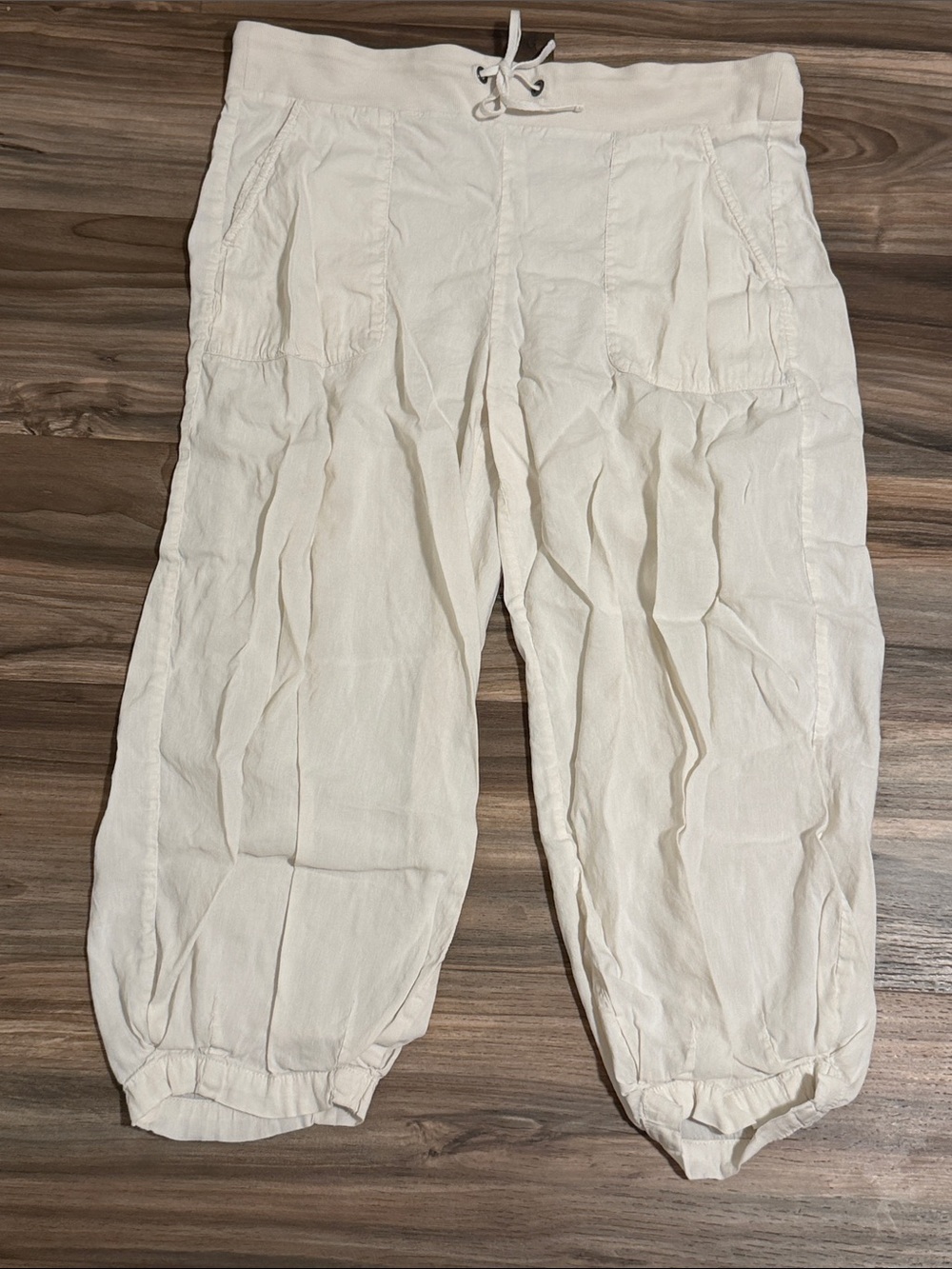 Eileen Fisher Womens Cropped Jogger Linen Pants Cream Drawstring Size M Coastal